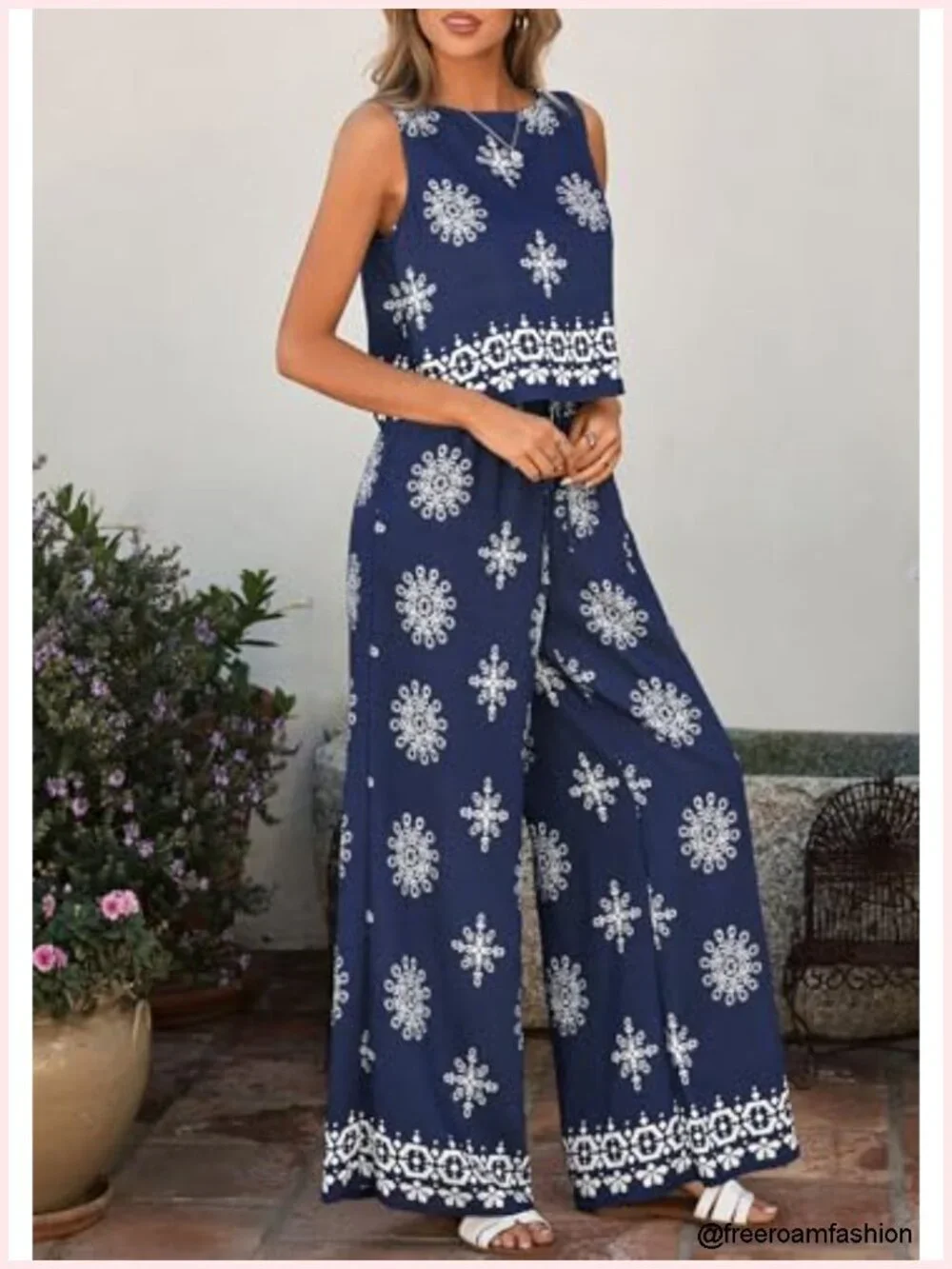 Boho 2 Piece Lounge Set - Sleeveless Crop Top & Wide Leg Pants